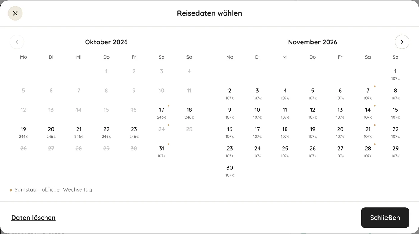 Date picker with nightly prices and booked dates
