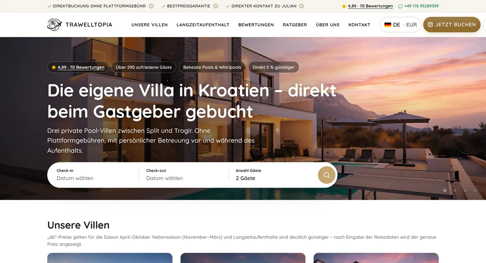 Startseite von trawelltopia.com mit Suchfeld für Reisedaten
