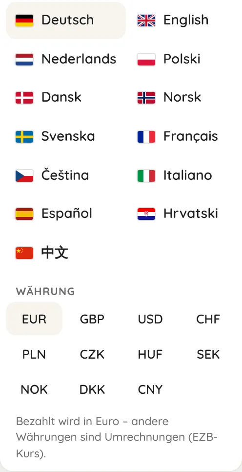 Language and currency menu with 13 languages and 11 currencies