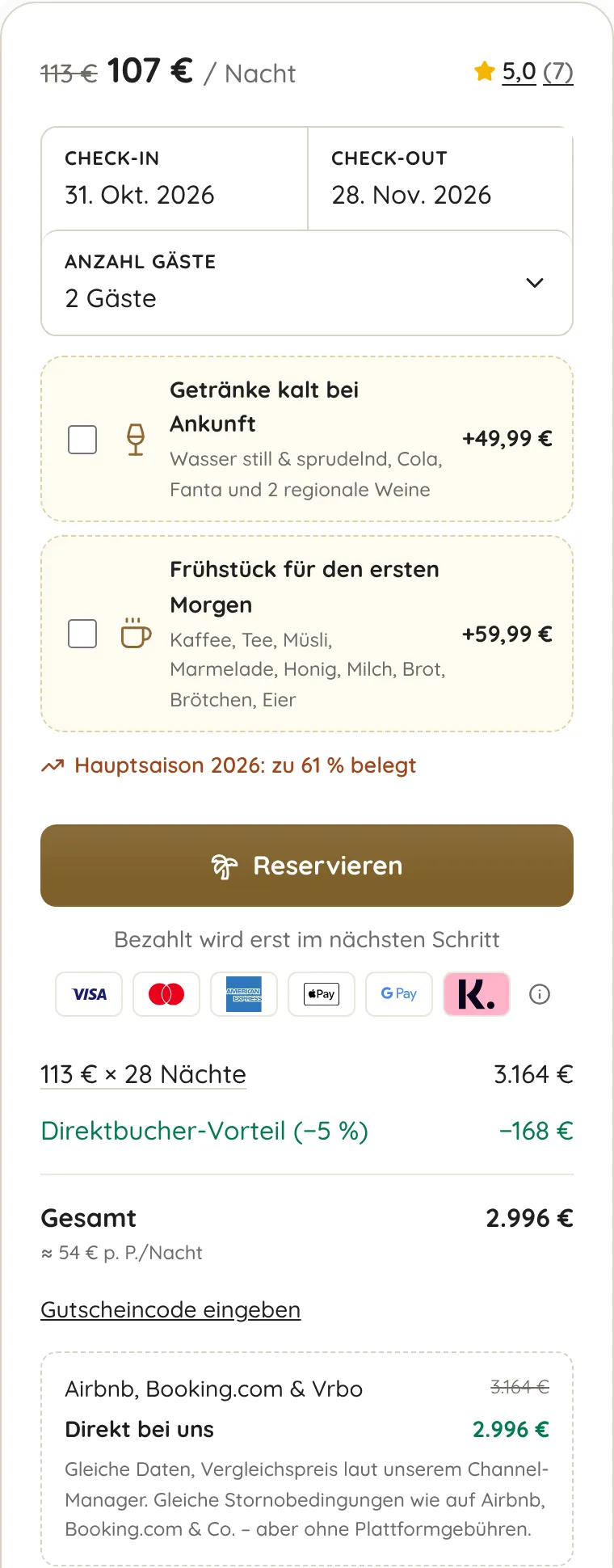 Buchungsbox mit Extras, Preisaufstellung, Direktbucher-Vorteil und Plattformvergleich