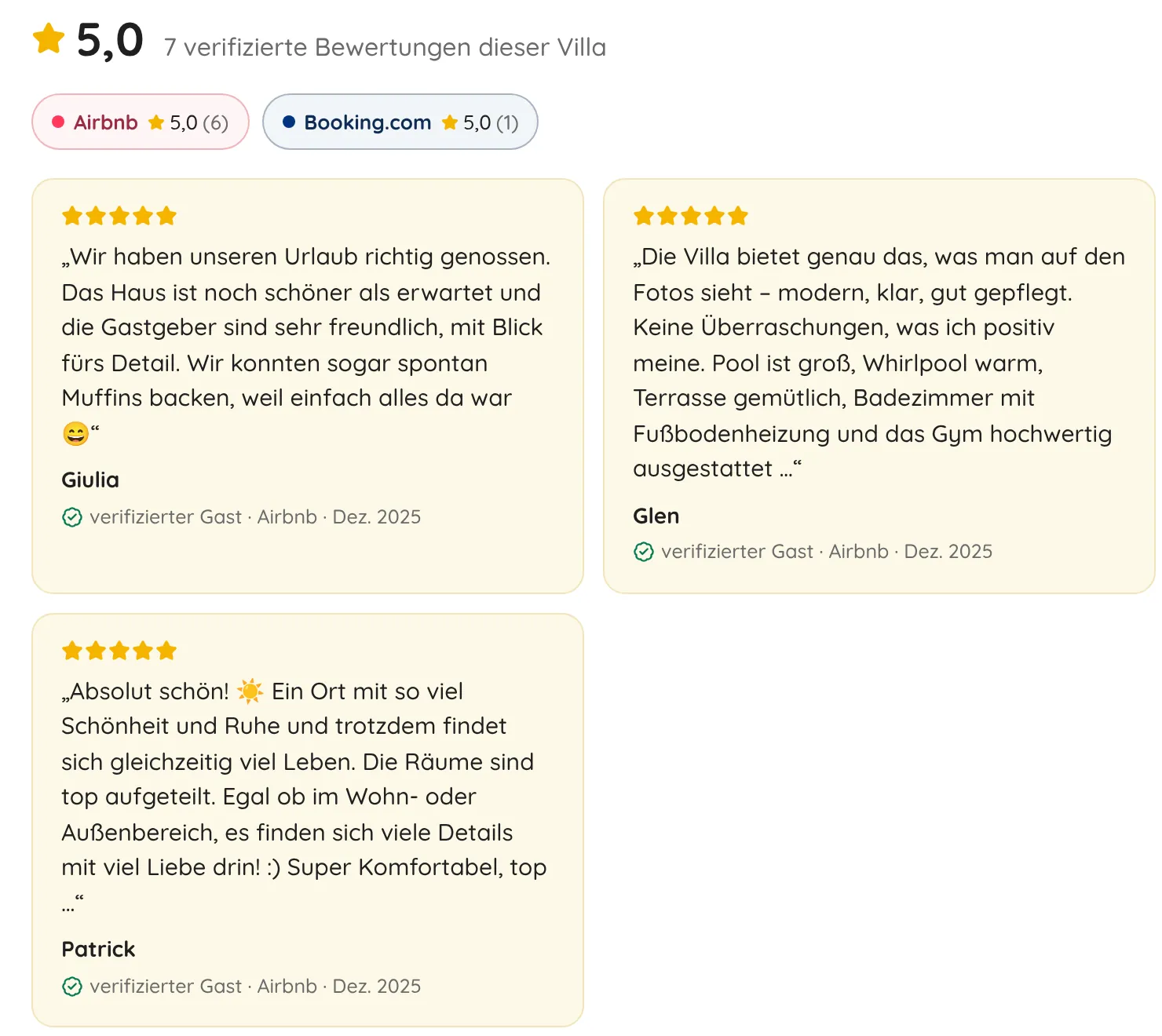 Review section with ratings from Airbnb and Booking.com
