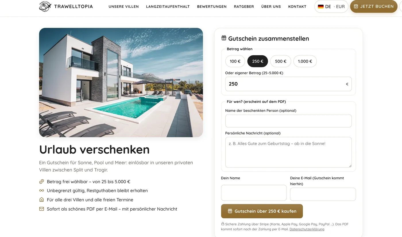 Gift voucher page with amount selection and personal message